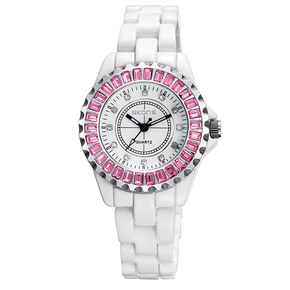 GosasaWomens Luxury Wrist Watch Fashion Rhinestone White Ceramic Watch Casual Lady Nice Dress Watches (Pink)