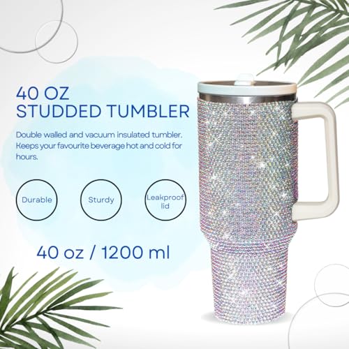 Image of 40 Oz Rhinestone Tumbler with Handle and Flip Straw, Insulated Stainless Steel Double Layer Bling Tumbler | Leak Proof Glitter Tumbler for Women | Reusable 1200ml Travel Bling Cups White AB