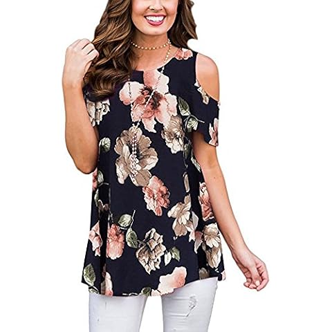 Closhion Women Casual Short Sleeve Cold Shoulder Floral Print Swing Tunic Tops Black XX-Large Cover