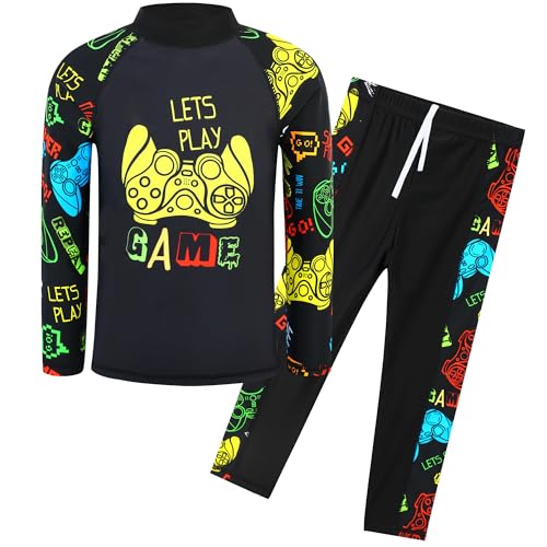 Image of TFJH E Boys Long Sleeve Rash Guard 2 Piece Swim Set UPF 50+ Age 3-14 | Soft Breathable, UV 50+, quick dry. Bright colorful prints kids love. Perfect for pool, beach, summer. active play.