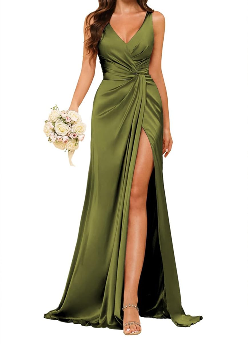 Wseyu Women's Dusty Sage A-Line Bridesmaid Dresses For Wedding With Ruched Long Formal Party Evening Gowns Uk16