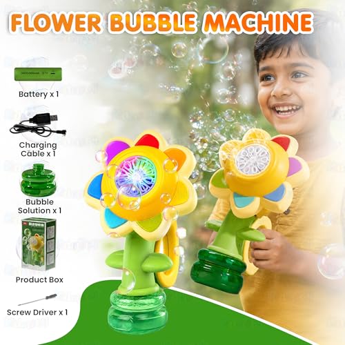 Image of Kidology Dancing Sunflower Bubble Machine for Kids & Adults | Rechargeable Electric Bubble Maker with LED Lights | Bubble Gun Toy for Boys & Girls | Birthday Party Gift Toy