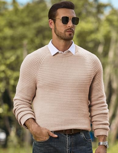 JMIERR Mens Crewneck Sweater Waffle Textured Knitted Solid Pullover Casual Daily Wear Soft 2025 Fashion Pullovers3