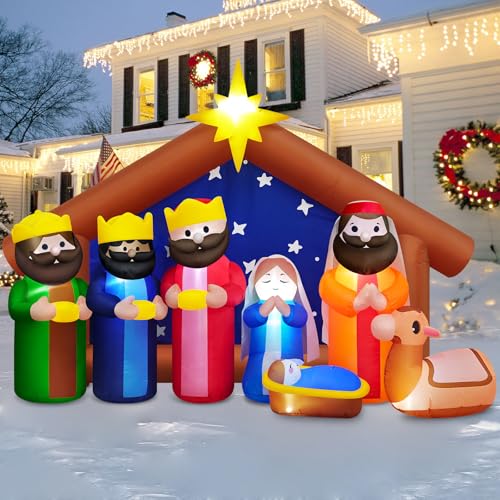 Image of Danxilu 8FT Long Christmas Inflatables Nativity Scene Build-in LED Lights Outdoor Decorations, Blow Up The Birth of Jesus Xmas Decor for Outside Garden Yard Party Indoor Lawn Holiday