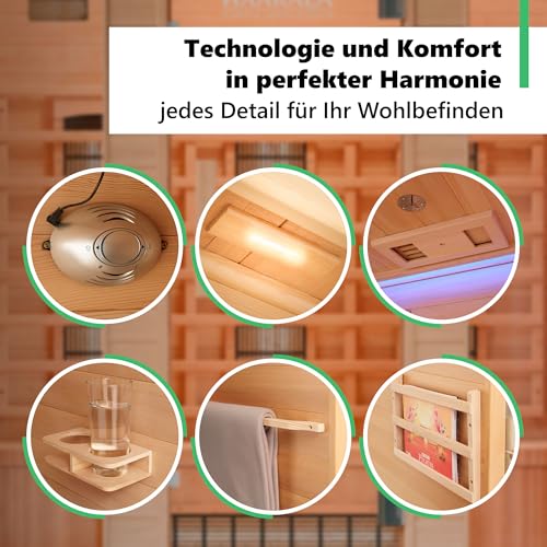 di volio Infrarotsauna Loimaa IV, Infrarotkabine für 4 Personen, aus Holz, Vollspektrumstrahler, LED-Farblichttherapie & Ionisator, 190x180x120 cm, (4-Personen)