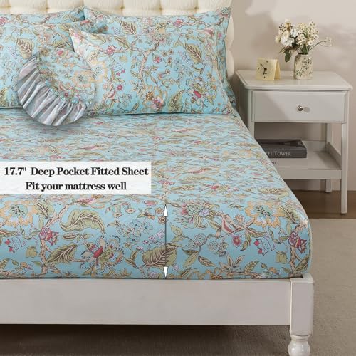 Image of FADFAY Full Sheet Set 4 Piece 100% Egyptian Cotton Bed Sheets Deep Pocket, Soft Breathable Vintage Blue French Country Bedding Shabby Cottagecore Floral Bedding Luxury Hotel Quality for All Seasons