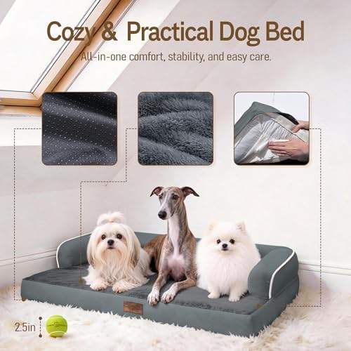 Image of Comfort Expression Washable Orthopedic Dog Bed for Extra Large Sized Dogs | Waterproof Memory Foam Pet Bed 42x30 Inch with Removable Cover with Non-Slip & Bolster, Dark Grey