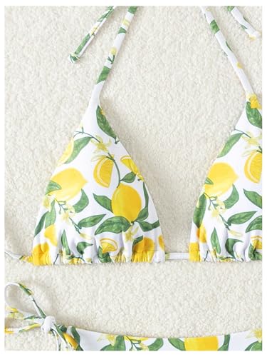 Women's 2 Piece Bikini Set Lemon Floral Print Halter Tie Backless Swimsuits Cute String Bathing Suit4