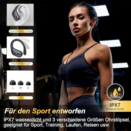 STECEi Kopfhörer Sport, 2025 in Ear Kopfhörer Kabellos Bluetooth 5.4 mit HD Mic, 75Std HiFi Stereo Bluetooth Kopfhörer mit Ohrhaken, Comfort Fit, IP7 wasserdichte Ohrhörer für Sport Arbeit Studium