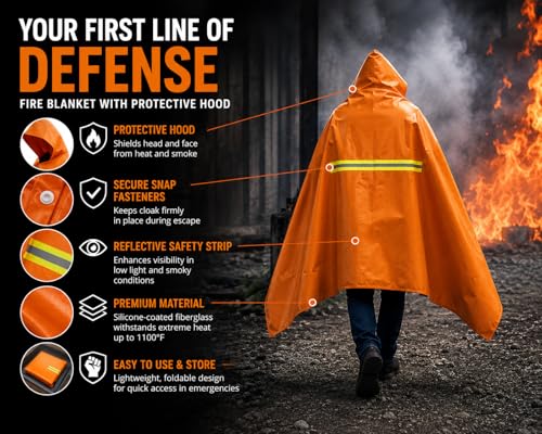 Image of Fireproof Blanket Fire Cloak | Hooded Fire Blanket | Emergency Fire Blankets For Full Body | Emergency Fire Escape Hooded Cape with Reflective Strips | Heat Resistant Up to 1100F | 65*61