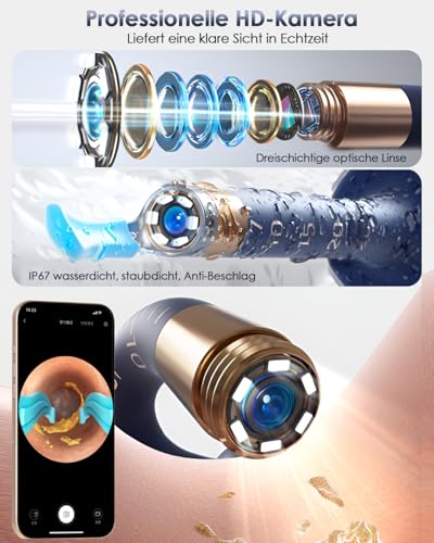 Ohrenreiniger mit Kamera - Professioneller 360° WIFI Ohrreiniger für Erwachsene | Schmerzloses Otoskop mit Pinzette | IP67 wasserdichter Design & hygienische Selbstreinigung zu Hause