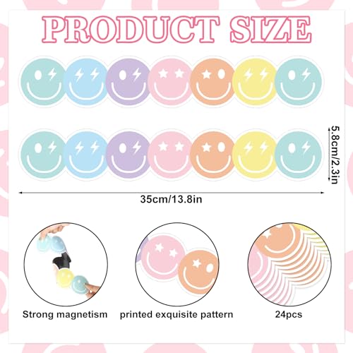 Image of Whaline 24 Pcs Preppy Happy Face Magnetic Bulletin Board Border Pastel Color Smile Face Magnetic Strips Border Trim for Silly Goose Back to School Office Classroom Decor