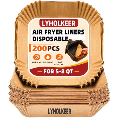 Image of Air Fryer Liners Disposable, LYHOLKEER 200PCS 8 inch Square Parchment Paper, Non-Stick & Oil-Proof, Unbleached, Fits Ninja AF141 5 QT AF181 6.5QT, Cosori, Chefman, Instant Pot 6 QT, Other 5-8QT Air Fryers