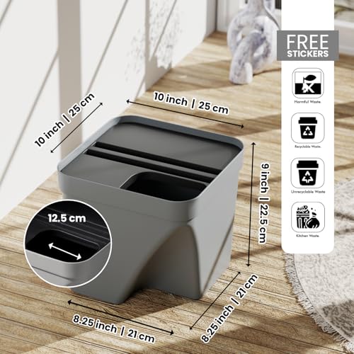 Image of JD FRESH 1 Pcs 10L Dustbin with Lid for Kitchen, Bedroom, Bathroom | Plastic Garbage Bin for Wet & Dry Waste, Food, Biomedical Waste | Multipurpose Trash Can for Home, Office Commercial Use - Grey