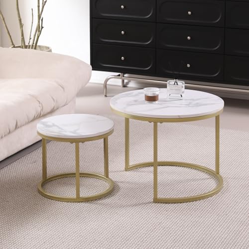 GrandCA HOME Juego de 2 Mesas Nido Mesas de Centro para salón, Mesas Auxiliares 60x60x45 cm (Grande) y 40x40x35 cm (pequeña),mármol Blanco y Dorado