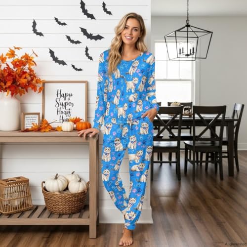 Image of Women's 2 Piece Printed Pajama Set Long Sleeve Sleepwear Set with Long Pants Casual Lounge Sets with Pocket