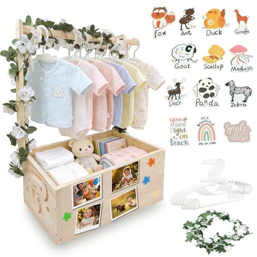 DWETG Wooden Baby Shower Crate Personalized Baby Gift Basket for Newborn Boy & Girl Baby Closet Organizer with Handle Keepsake Storage Box for New Mom & Parents