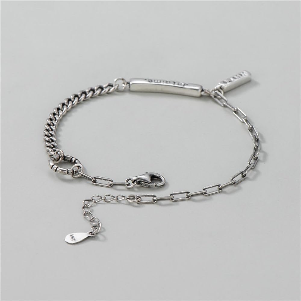 Armband Damen Silber,S925 Silber Armband Silberner Rechteckiger Anhänger Panzerkette Spleißendes Silberarmband Armreif Mit Verstellbarer Silberkette Glücksschmuck Für Frauen