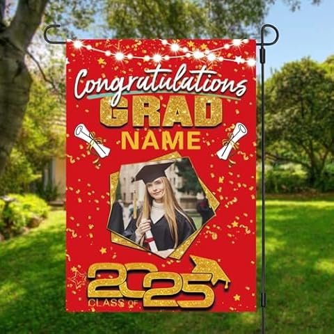 AUBAO Custom Graduation Garden Flag with Photo Class of 2025 Congrats Grad Double Sided Yard Flag Decorative Gifts(Red) Cover