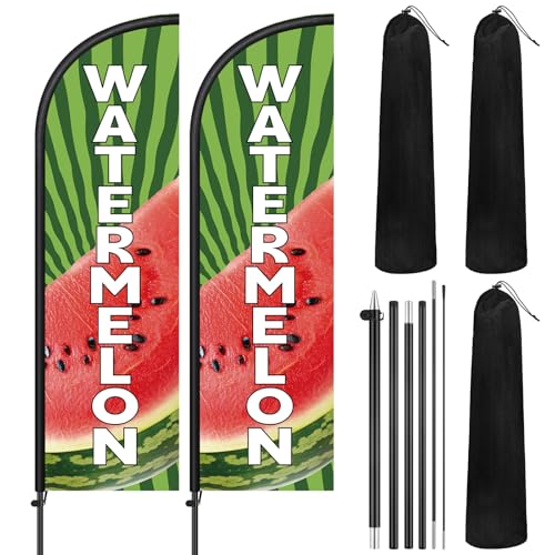 Image of Remagr 2 Pack Watermelon Feather Flag 7 ft Advertising Swooper Flag Windless Watermelon Banner Sign with Pole Kit and Ground Stake for Business Summer Fruit Stand Cart Decor