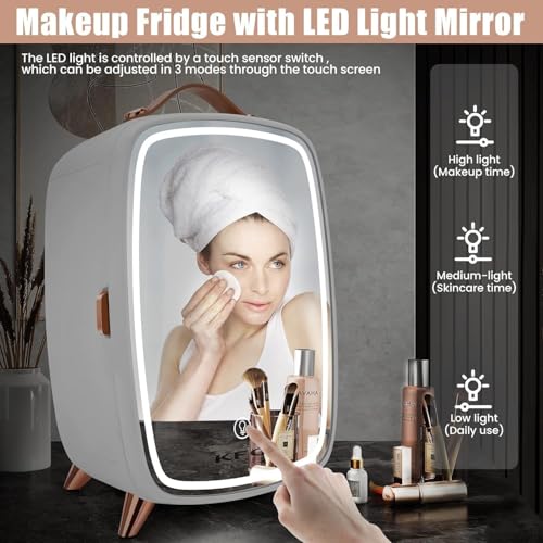 KFO Mini Kosmetik Kühlschrank 6L, Ultra-Leise (20 dB) mit LED-Spiegel für Skincare & Make-up, klein Kühlschrank für Hautpflege im Schlafzimmer und Badezimmer（Weiß）