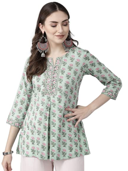 Rain & Rainbow Women Green & Pink Floral Printed Sequinned Pure Cotton Kurti