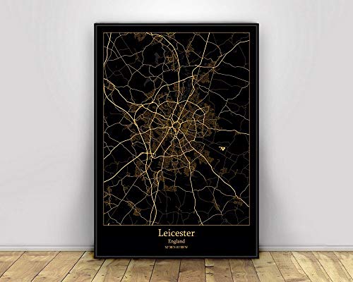 SKLHSIL Impression Sur Toile, England Leicester Carte De La Ville Noir Et Or Minimaliste Wall Art Moderne Affiche Photo Murale Peinture Salon Maison Chambre Nordique Espace Décoration 30X40 Cover
