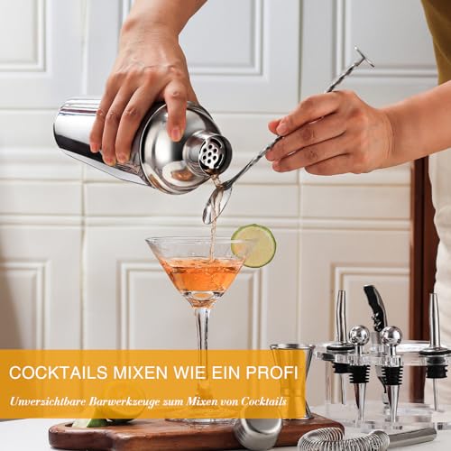 Cocktail Shaker Set, Edelstahl Cocktail Set mit 12 teiligem Bar Zubehör, 750ML Shaker Barkeeper Set mit Ständer, Cocktail Maschine Bar Set für Zuhause, Geschenke für Männer Dad Barkeeper (Silber)