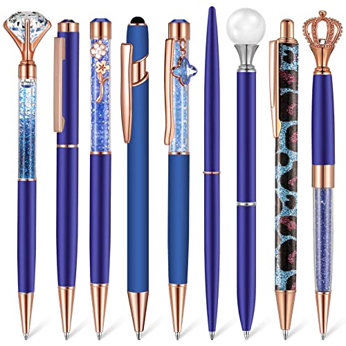 Image of Janmini Metal Ballpoint Pens with Cute Diamond Pattern Journaling Pen Black Ink Retractable Glitter Pens for Women School Wedding Office Home (9 Pack) (Dark Blue)