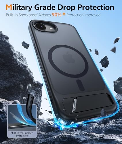 Image of FNTCASE for iPhone 17e Case: iPhone 16e Phone Case [Magnetic Stand] [Compatible with Magsafe] Translucent Matte Military Grade Shockproof Drop Protective Phone Cover,Black