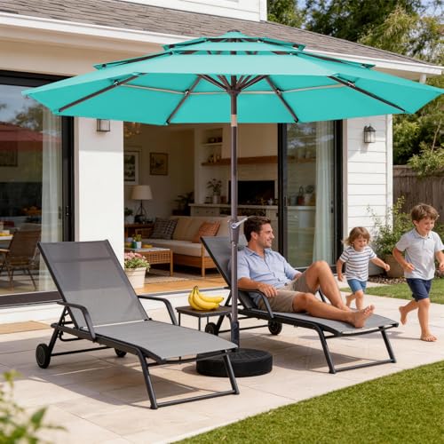 Image of JEAREY 9FT 3 Tier Patio Umbrella Outdoor Market Umbrella Table Umbrellas with 8 Ribs 1.5 Pole Push Button Tilt and Crank UV Protection for Garden,Peacock Blue