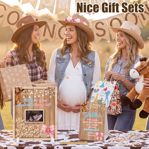 Image of Beeveer 65 Pcs Boots or Bows Gender Reveal Baby Shower Guest Book Alternatives Western Gender Reveal Decorations Sign in Guest Book with Picture Frame and 60 Wooden Chip for He or She Party Keepsake