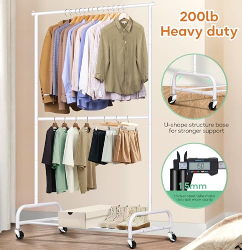 Children's White Clothing Rack with Storage Shelf and Double Rod - Heavy Duty Metal Garment Rack with Wheels