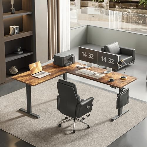 Image of Agilestic Triple Motors 73 inch x 60 inch L Shaped Standing Desk, Electric Standing Desk Adjustable Height, Extra Large Desktop Corner Table for Home Office, Gaming Workstation, Splice Board, Rustic Brown