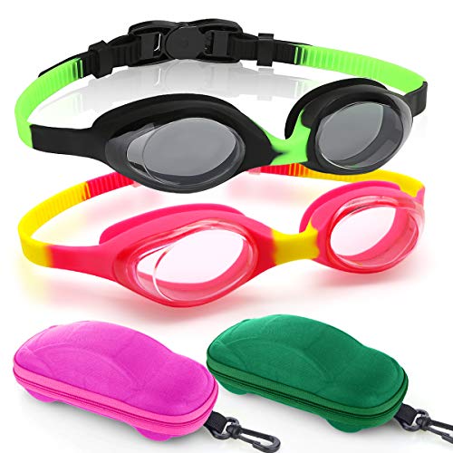 Kids Swimming Goggles, Pack of 2 Swim Goggles for Boys Girls Kid Age 3-12 Child Colorful Swim Goggles Clear Vision Anti Fog UV Protection No Leak Soft Silicone Nose Bridge Protection Case Kids Goggles