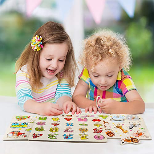 Joqutoys 4 PCS Wooden Peg Puzzles Play Set for Toddlers, Alphabet ABC, Numbers, Farm Animals and Vehicles Learning Puzzles Board for Children Babies Boys Girls Gift