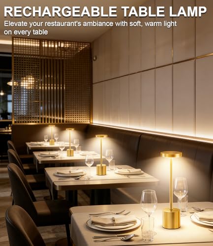 Image of Swinerton Cordless Table Lamp Set of 2, Gold 5000mAh Rechargeable Battery Operated Lamps, Wireless 3 Color Dimmable Touch Lamp Table Light for Restaurant Dining Patio Outdoor, Home Decor