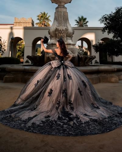 Puffy Tulle Quinceanera Dresses with Train Black Lace Appliques Prom Dresses Gothic Ball Gown for Sweet 15 16 with Bow3