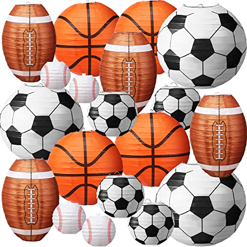 16 Pcs Multi Sizes Sports Paper Lanterns Soccer Football Basketball Baseball Party Lanterns Hanging Sport Theme Birthday Party Decorations for Indoor Outdoor Classroom Ceiling