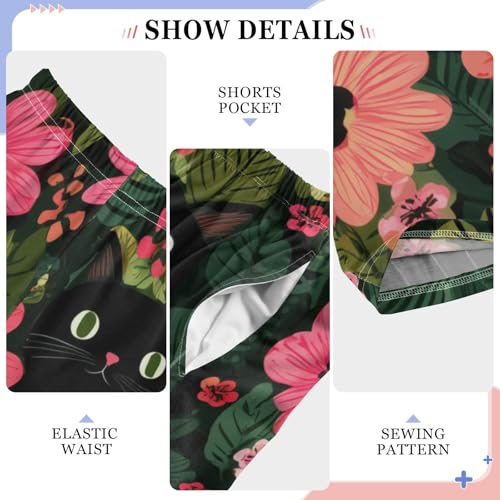 Cat Tropical Flowers Boys Long Pants Soft Trousers Elastic Waist Kids Lounge Bottoms with Pockets S-XL4
