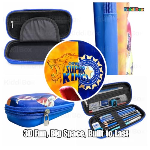Image of KiddiBox Dhoni Pencil Box for Girls and Boys | Stylish Pencil Case for School, Student, Pen Case Holder with Zipper Mesh Pocket, Hard Top Pencil Pouch for Kids, Stationary Pouch (Yellow & Blue)