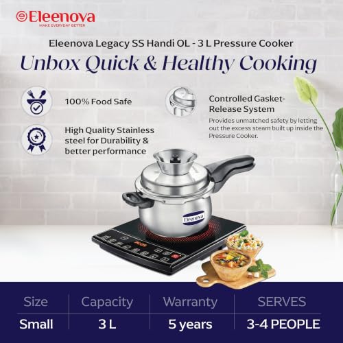 Image of Eleenova Legacy Stainless Steel Pressure Cooker 3 Litre Handi shape | Anti Spill Design | Gas Stove and Induction Compatible | Outer Lid SS Pressure Cooker | ISI Certified | 5 Year Warranty