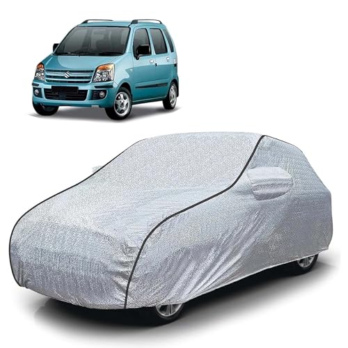 Image of Sulfar 100% Waterproof Car Body Cover Compatible with Mirror for Maruti Suzuki Old Wagonr (Triple Stitched, Full Bottom Elastic, Magic Silver with Black Piping)