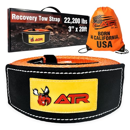 ATR Recovery Tow Strap 3 x 20 ft 22 200 lbs Breaking Strength Heavy Duty Off-Road Recovery Strap for Truck Jeep SUV Snatch Strap with Storage Bag ATR USA