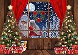 LYCGS 7X5FT Christmas Backdrop Santa Claus Photo Background Winter Snow Xmas Wooden Window Moon Christmas Tree Gifts Photography Background New Year Party Decorations Banner X-68