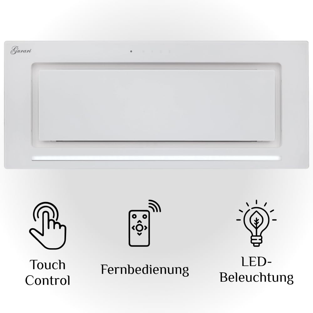GURARI Deckenhaube GCH E 217 WH 70 Prime N, Dunstabzugshaube 70 cm, Weiß Glas, 1000m³/h