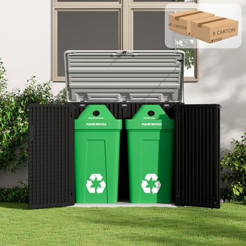 Image of ZZM Large Outdoor Storage Shed, 48 Cu Ft Resin Versatile Storage Cabinet for Patio Accessories, Trash Cans & Garden Tools, Durable Horizontal Storage Box with Lockable Lid (Black)