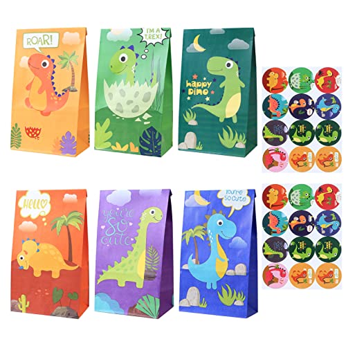Dino Party Mitgebsel Set – 12 Geschenktüten, Tattoos, Armbänder, Kreisel, Aufkleber, Dino-Modelle & Schlüsselanhänger – Für Kindergeburtstag, Dino-Party, 96 Teile
