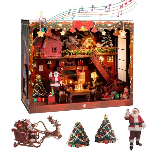 Joibabe DIY Miniature House LED Lighting Book Nook Kit Dollhouse Kit Music Box Dollhouse 3D Wooden Puzzle with Dust Cover Gifts for Family Friends Christmas(Christmas Carnival)