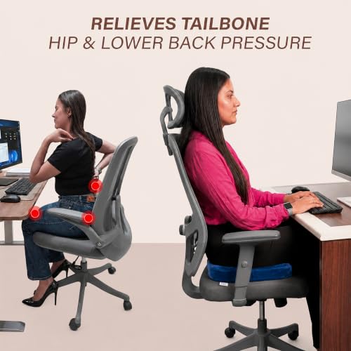 Image of Orthopaedic Memory Foam Coccyx Seat Cushion-(2 Year Warranty) - (18 inchx14 inchx3 inch) Tailbone & Sciatica Relief, Extra Support for Long Sitting,Non-Slip for Office /Home Chairs,Upto 100 kg - Velvet Blue